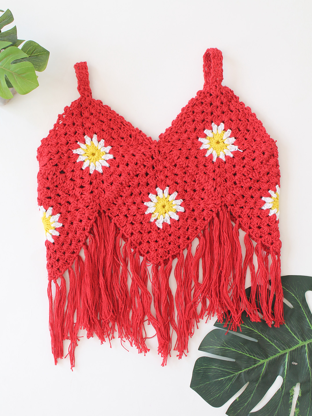 WoonieFloral Designed Crochet Crop Top  Red