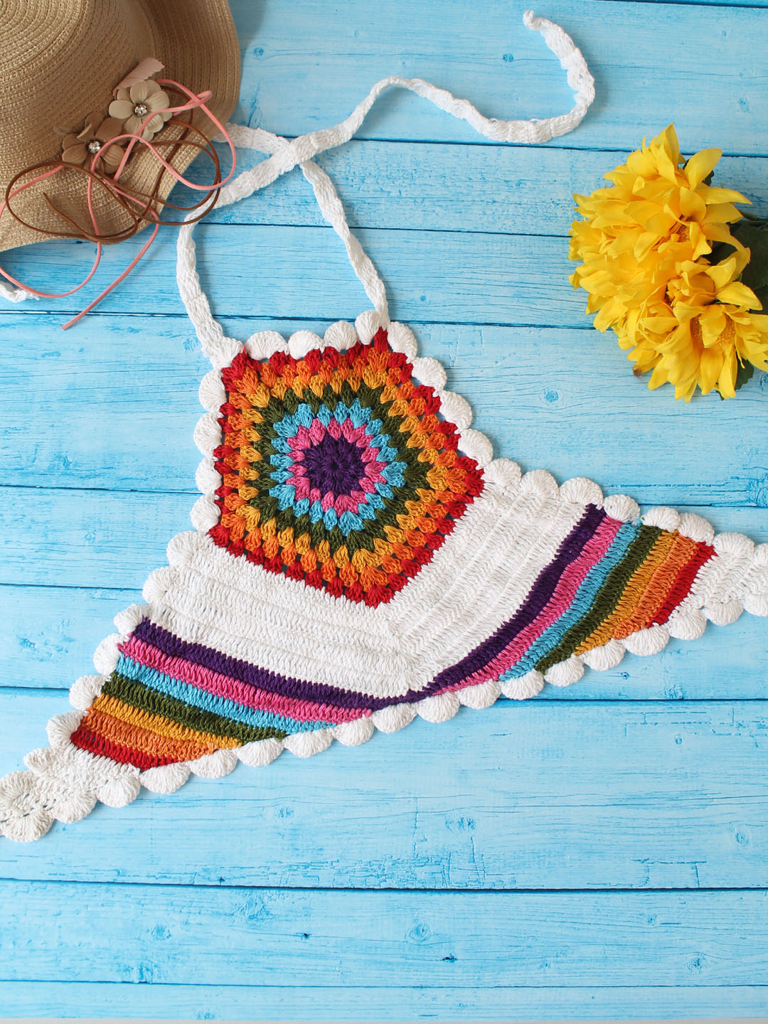 Woonie Crochet Rainbow Halterneck Top - Multicolor