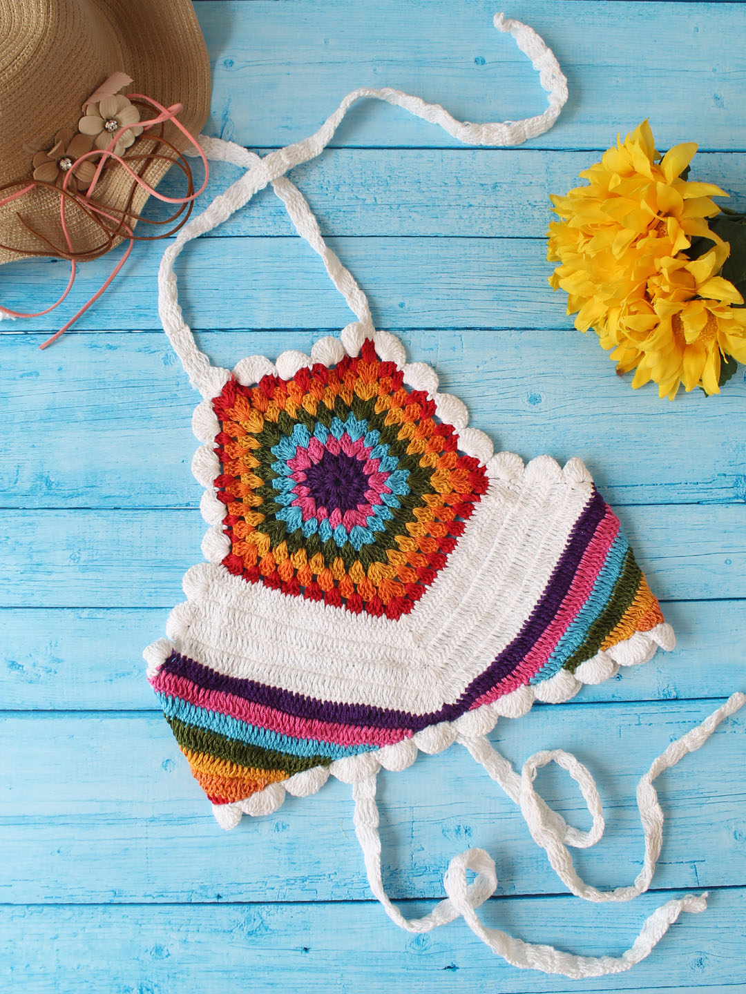 Woonie Crochet Rainbow Halterneck Top  Multicolor