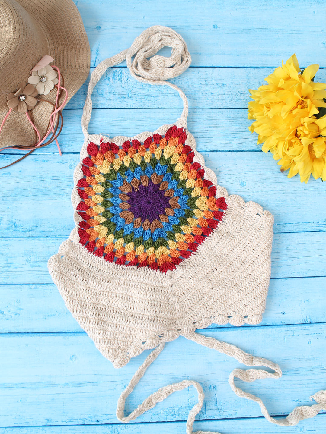Woonie Crochet Sleeveless Self Design Halterneck Crop Top - Cream