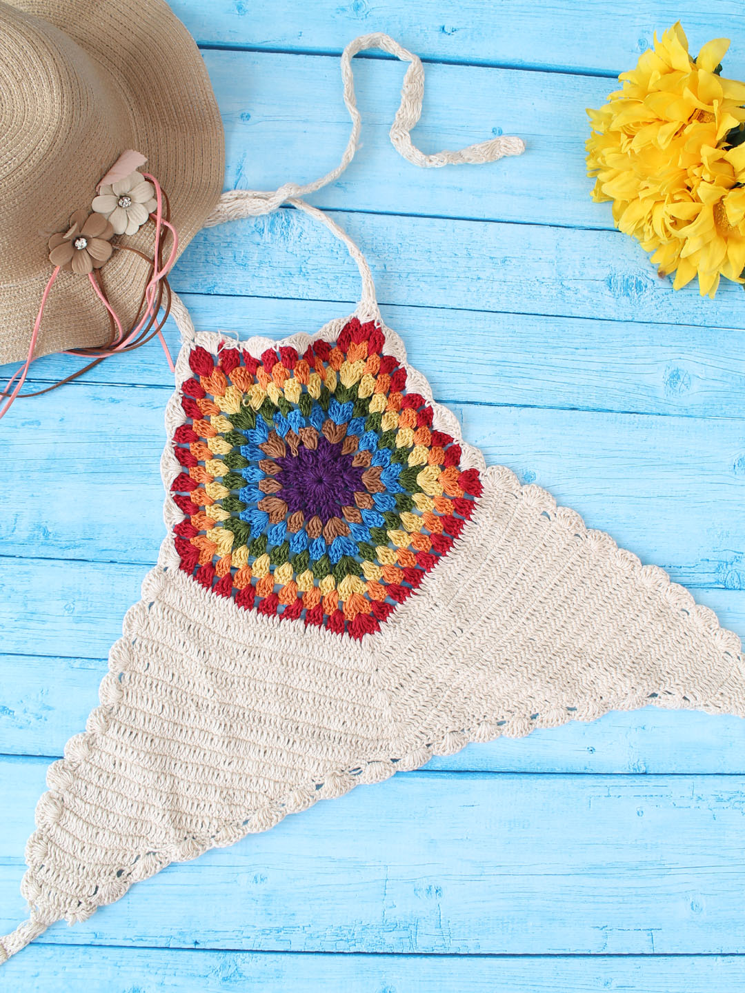 Woonie Crochet Sleeveless Self Design Halterneck Crop Top - Cream