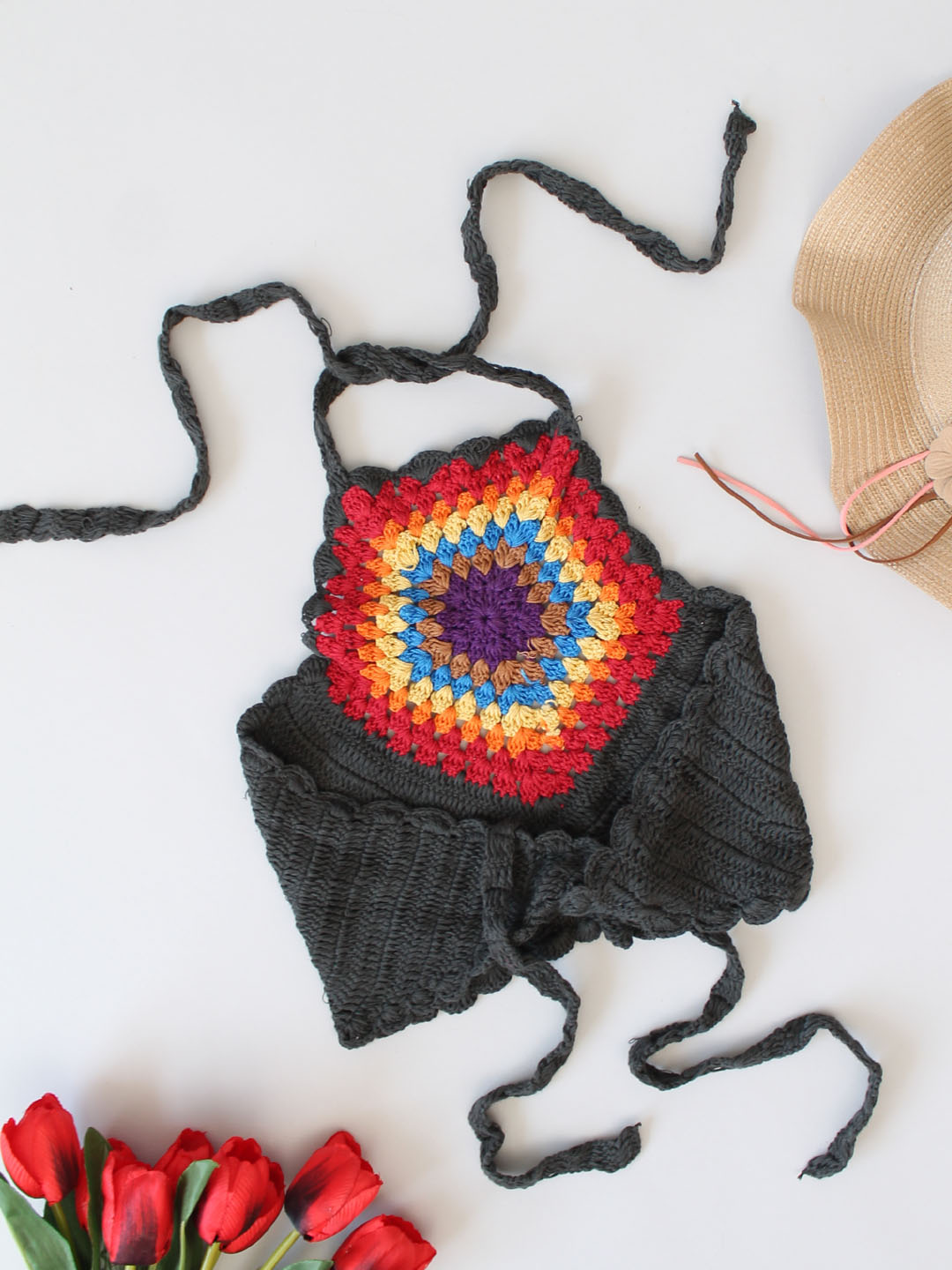 Woonie Crochet Boho Style Halterneck Top - Black