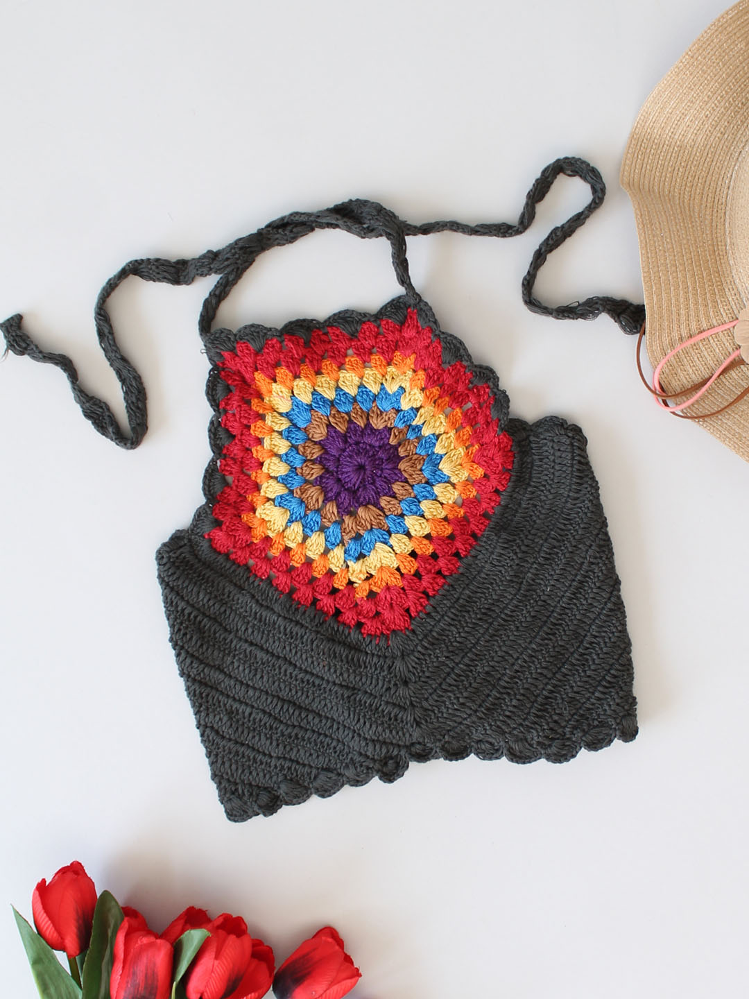 Woonie Crochet Boho Style Halterneck Top - Black