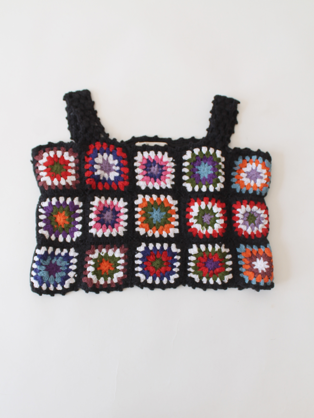 Woonie Crochet Granny Square Summer Crop Top  Black