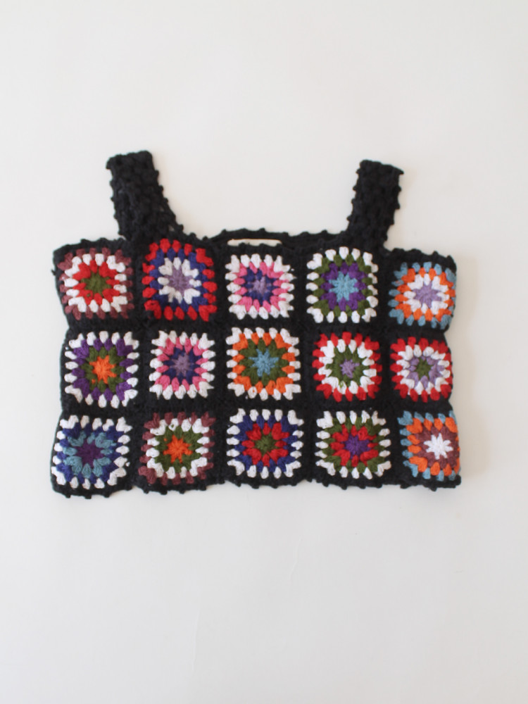 Image of Woonie Crochet Granny Square Summer Crop Top - Black