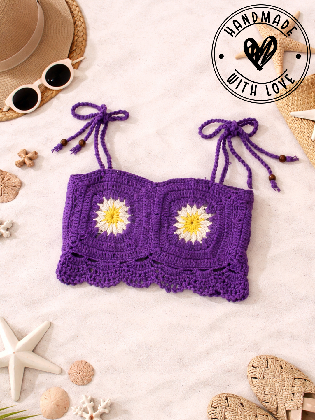 Woonie Crochet Daisy Floral Crop Top  Purple