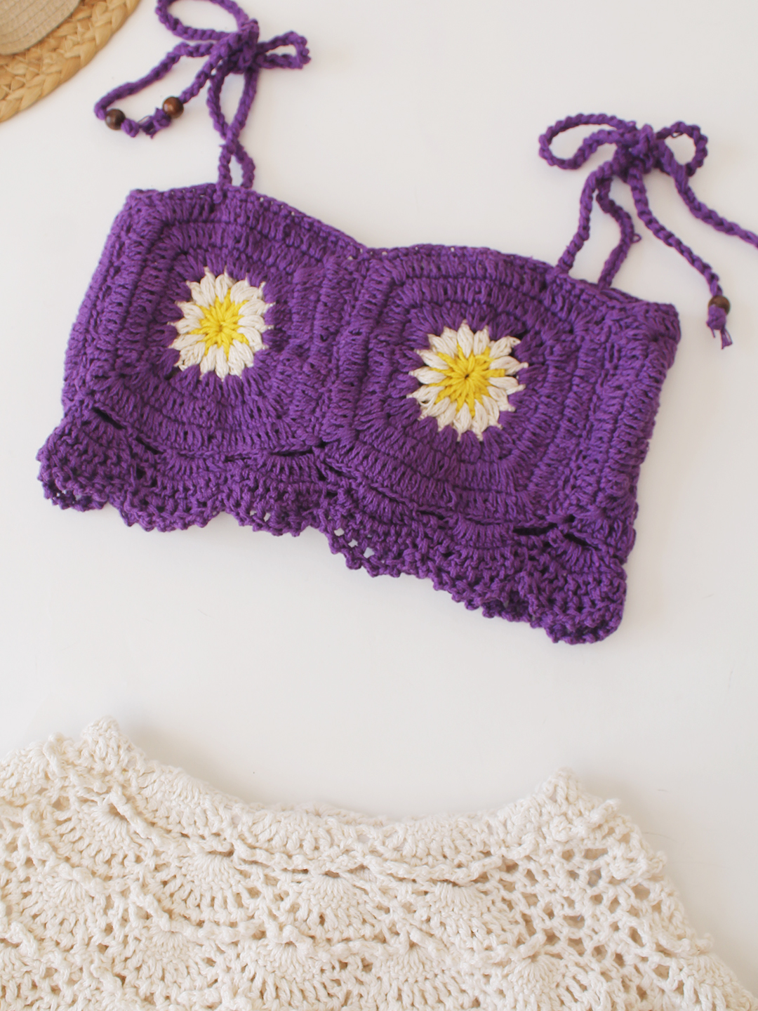 Woonie Crochet Daisy Floral Crop Top  Purple