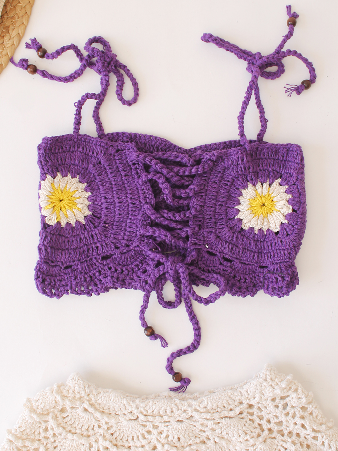 Woonie Crochet Daisy Floral Crop Top  Purple
