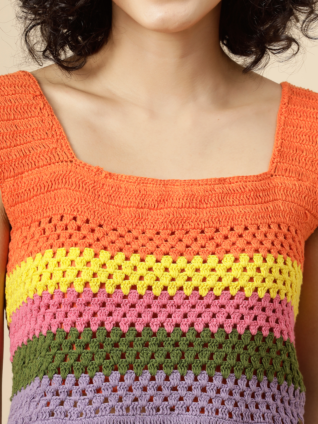 Woonie Crochet Striped Crop Top - Multicolor