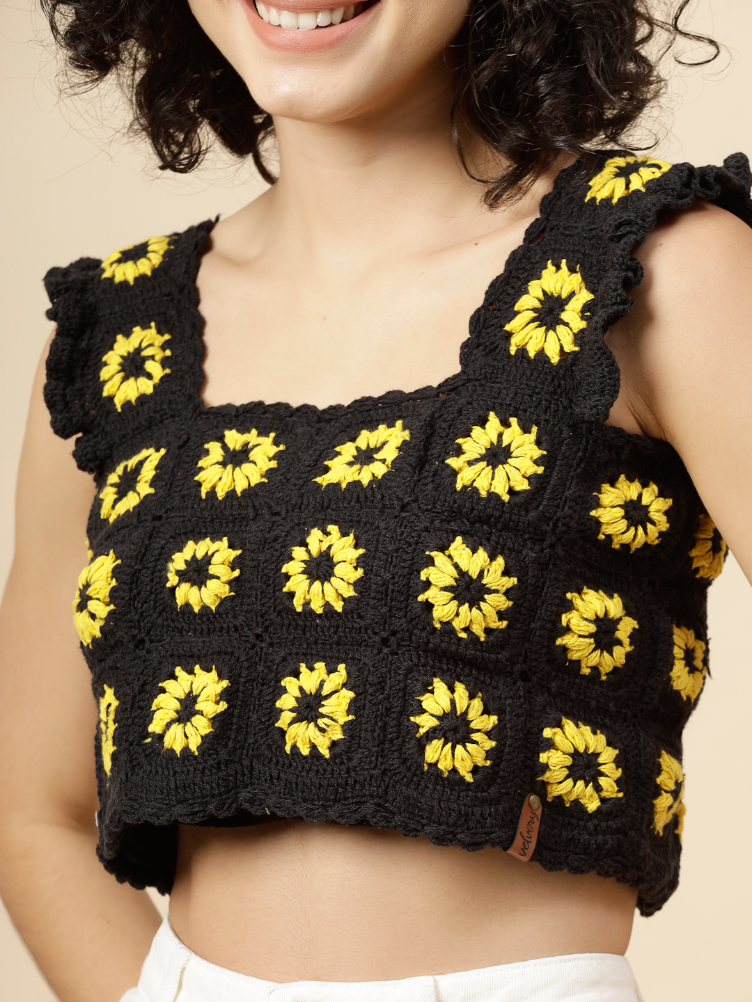 Woonie Crochet Sunflower Crop Top  Black