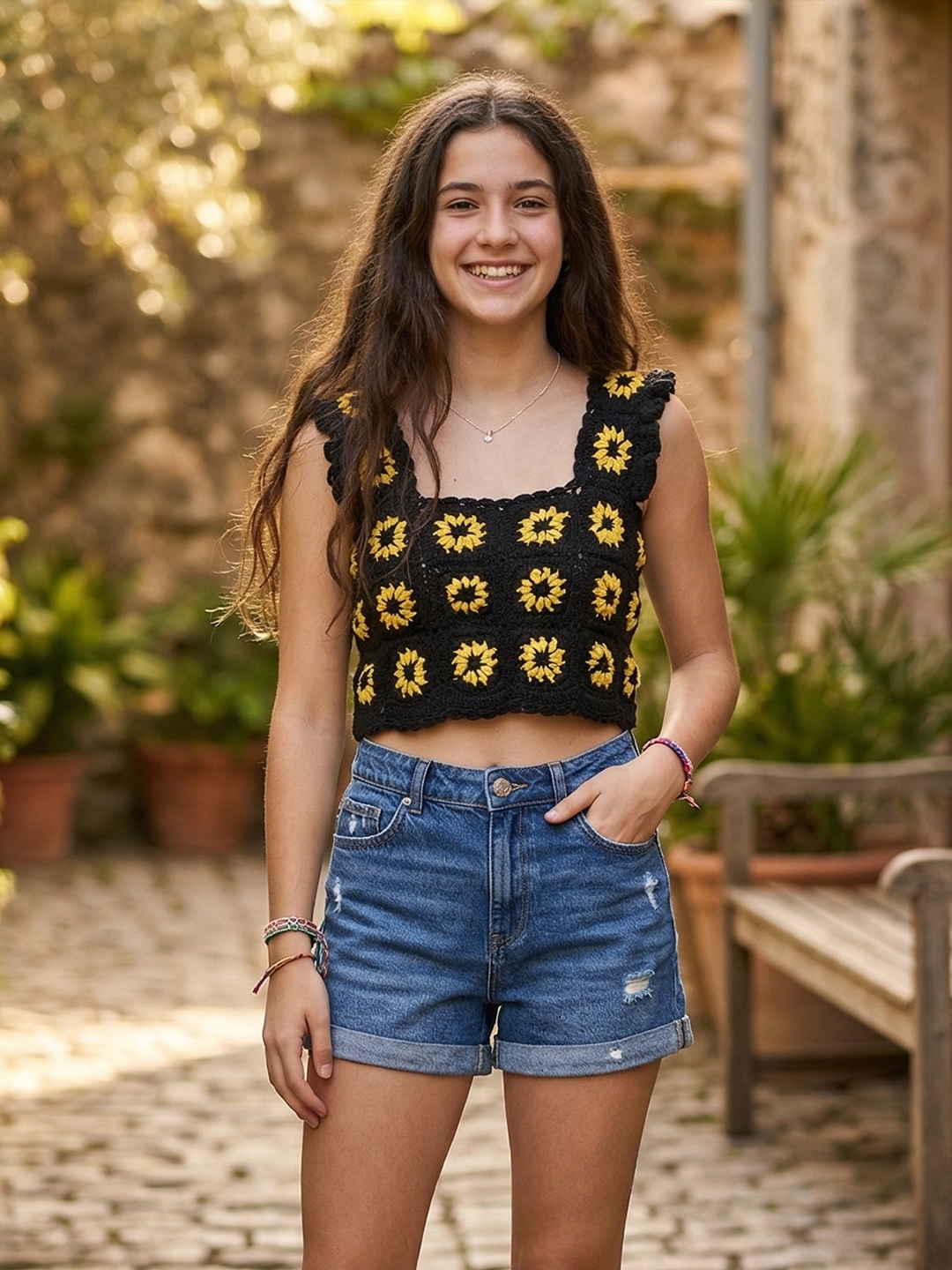 Woonie Crochet Sunflower Crop Top  Black