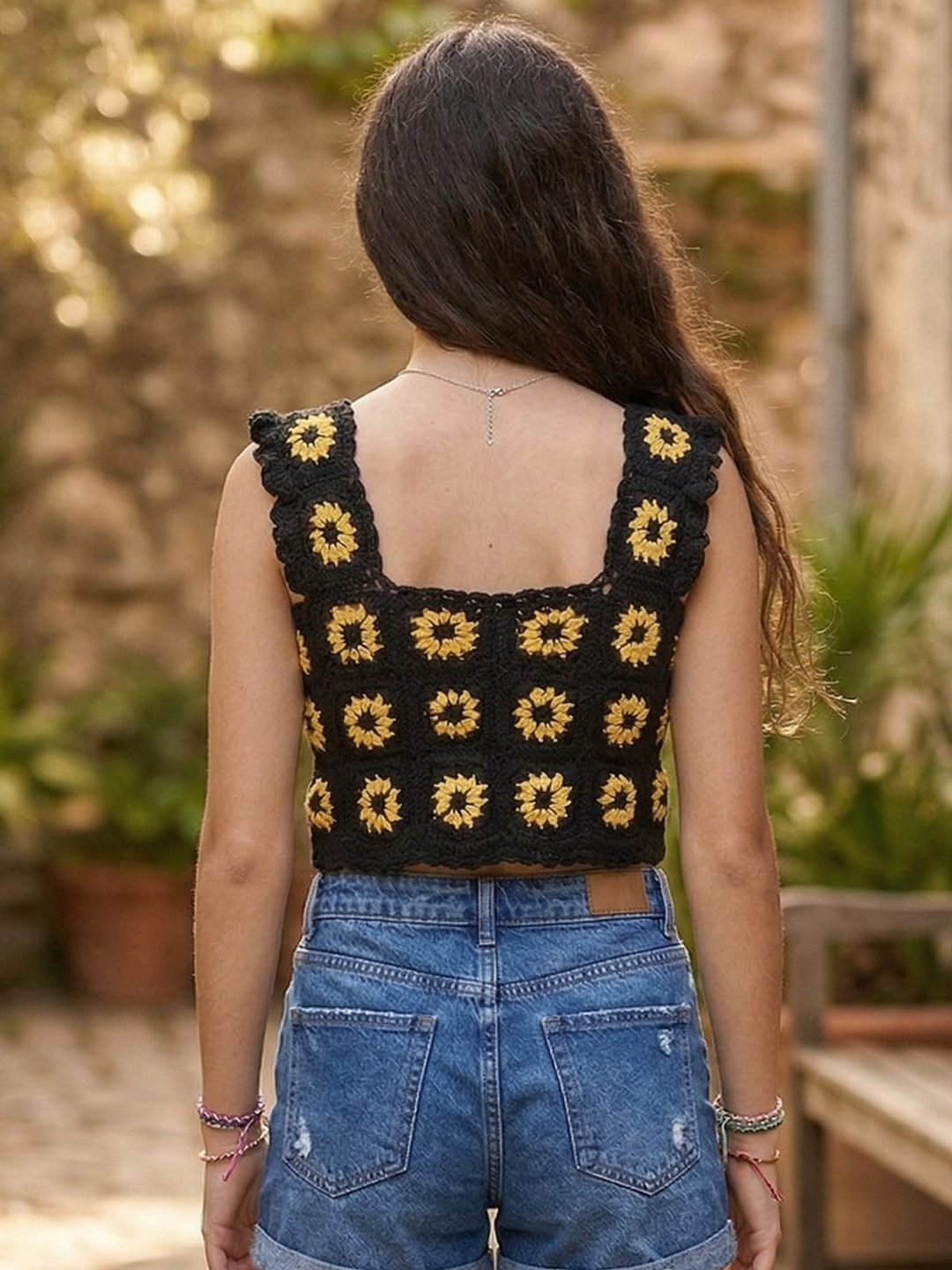 Woonie Crochet Sunflower Crop Top  Black