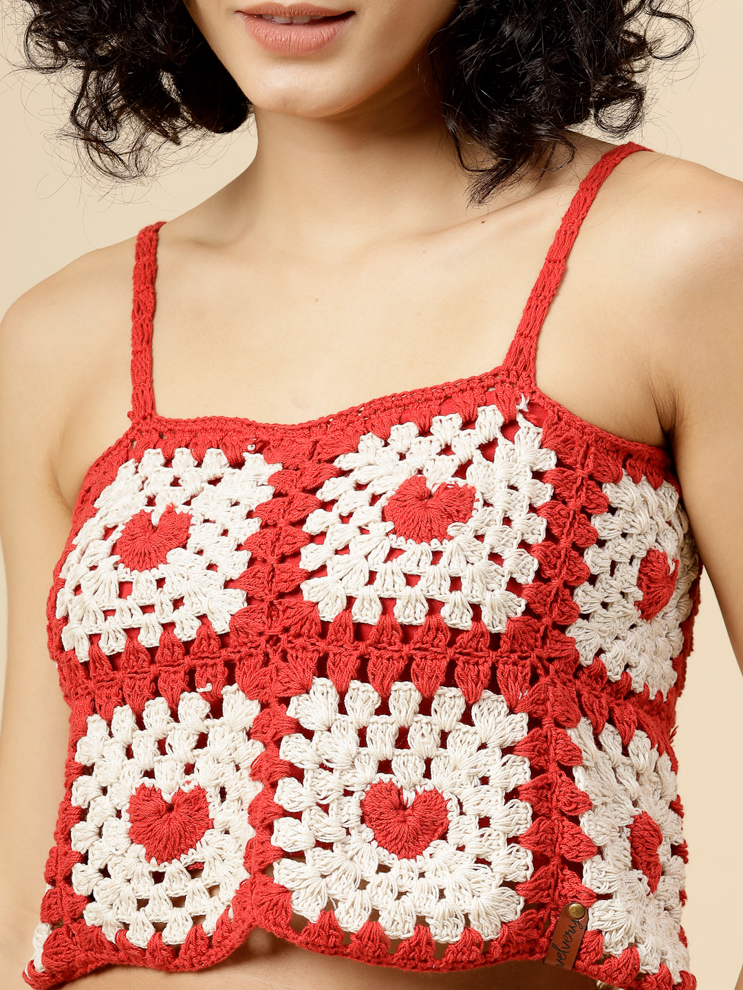 Woonie Crochet Heart Detailed Crop Top  Red