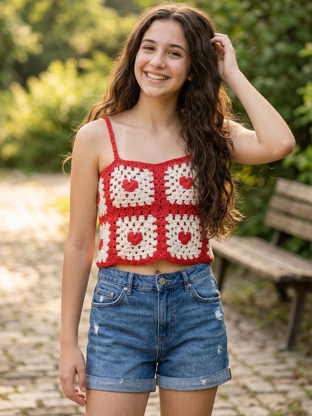 Woonie Crochet Heart Detailed Crop Top  Red