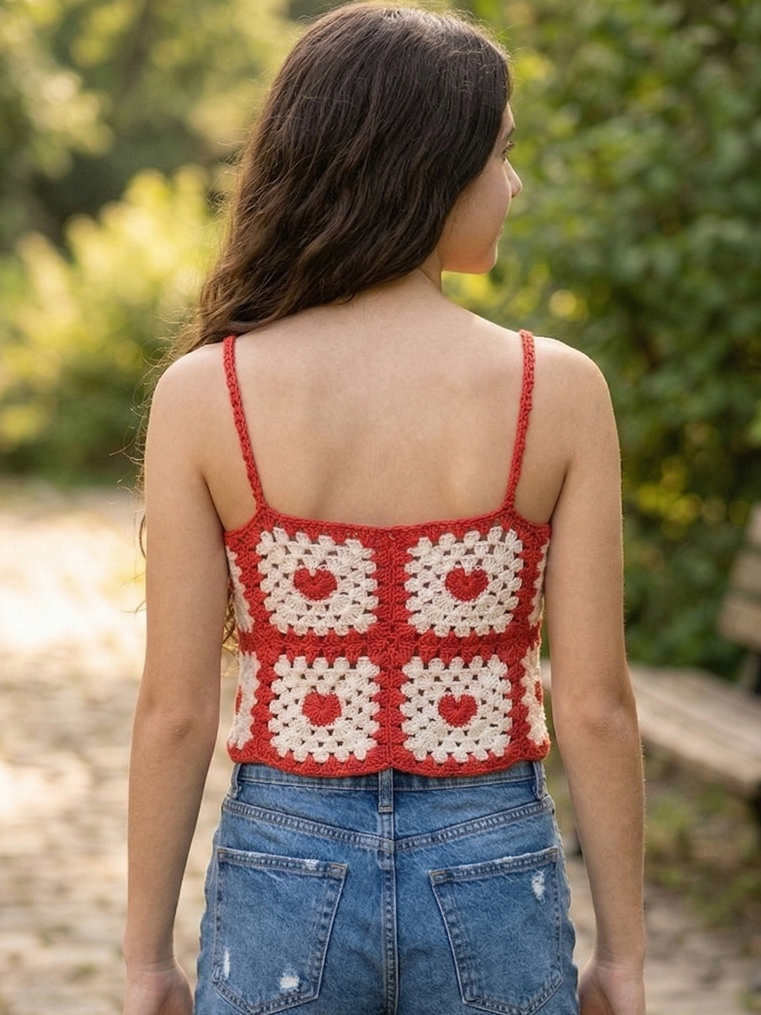 Woonie Crochet Heart Detailed Crop Top  Red
