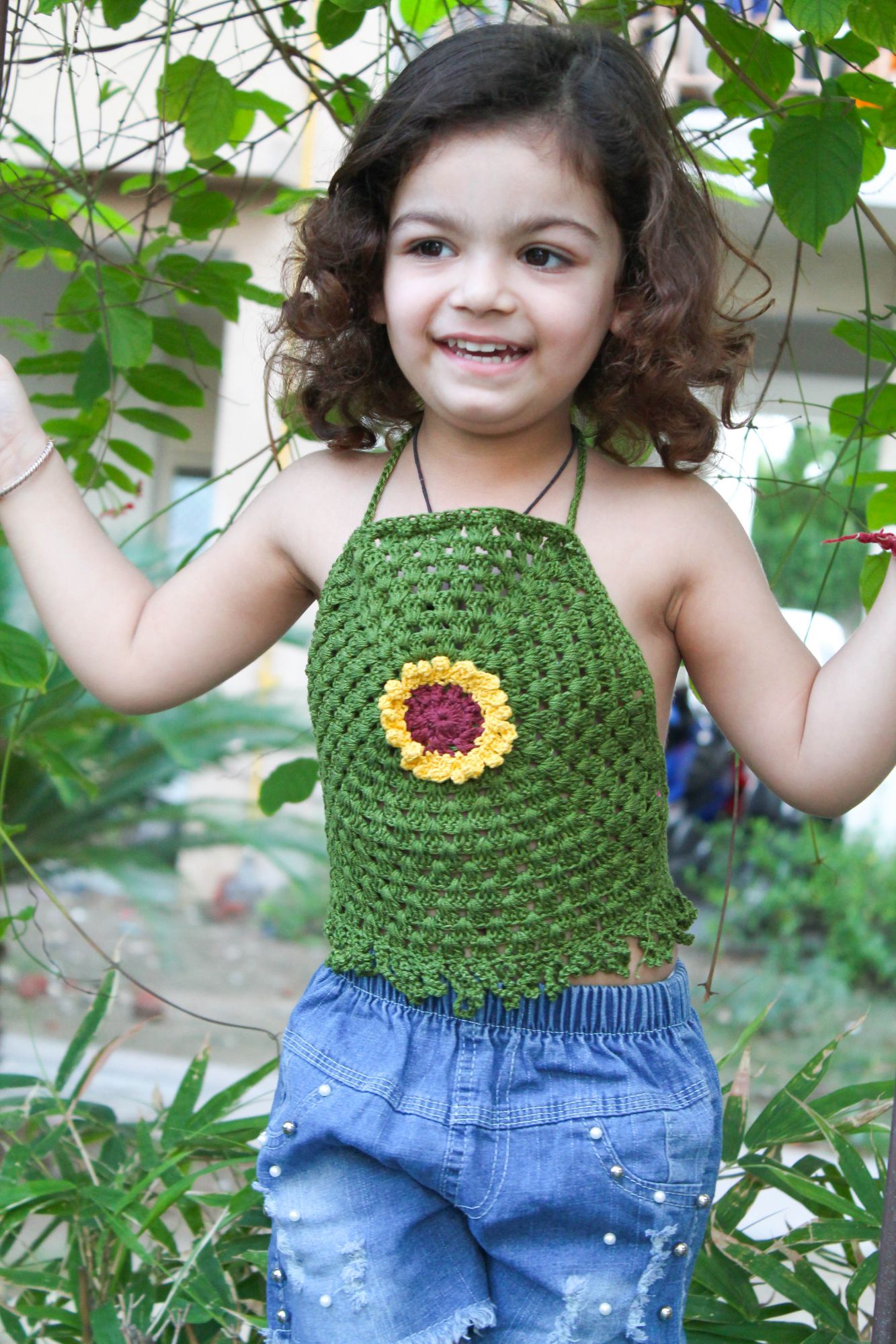 Green Sunflower Halterneck Summer Crop Top for Girls