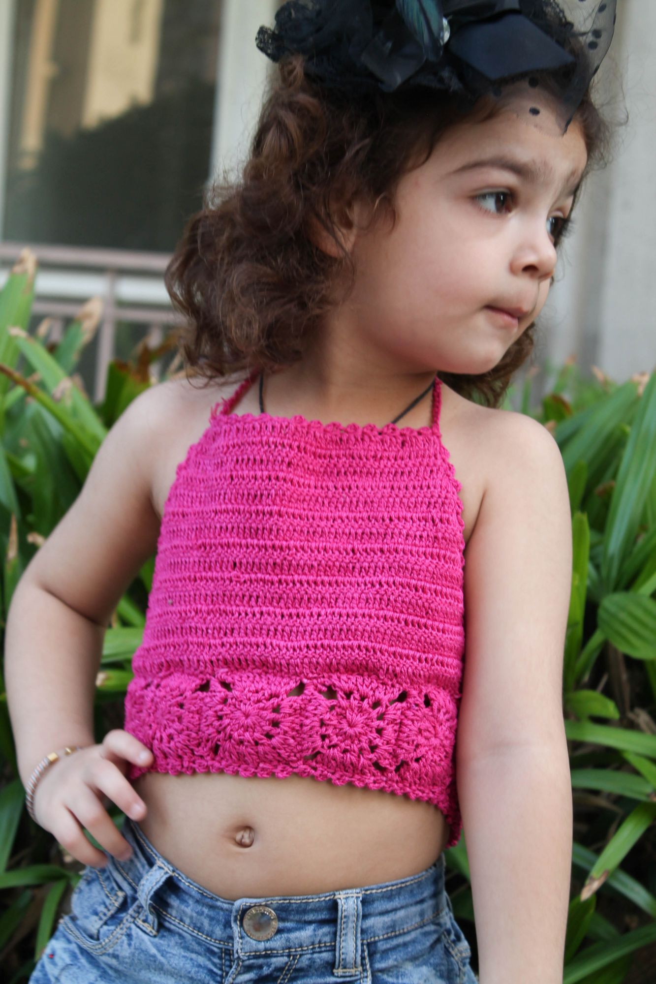 Pink Broad Strap Halterneck Summer Crop Top for Girls