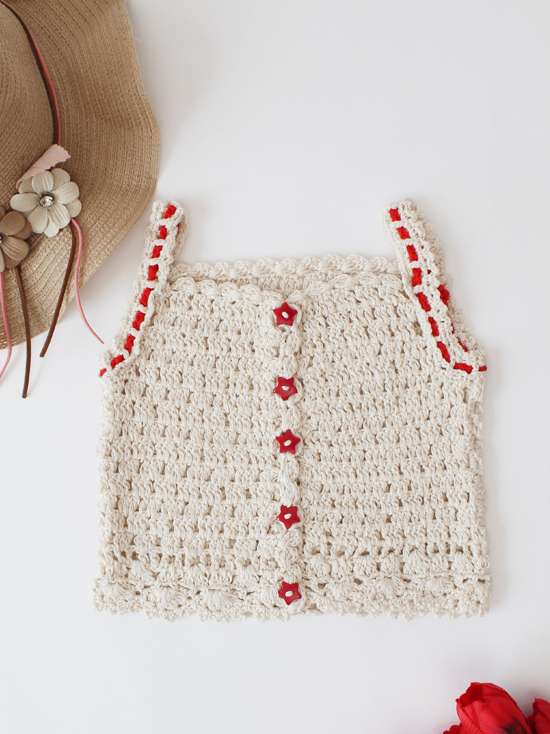 Woonie Handmade Crochet Front Open Cotton Top - Cream