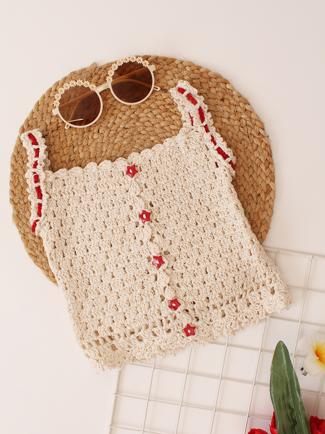 Woonie Handmade Crochet Front Open Cotton Top - Cream