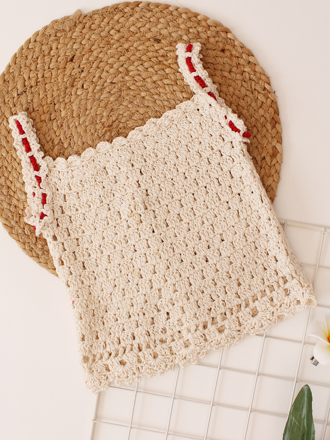 Woonie Handmade Crochet Front Open Cotton Top - Cream