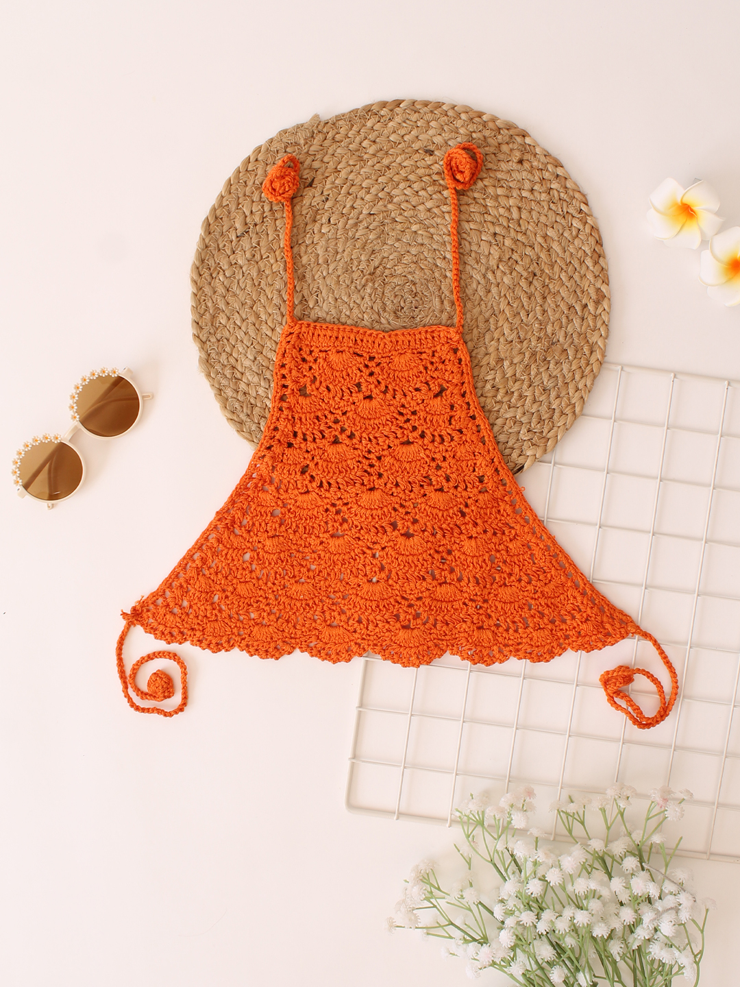 Woonie Handmade Crochet Halterneck Cotton Top - Orange