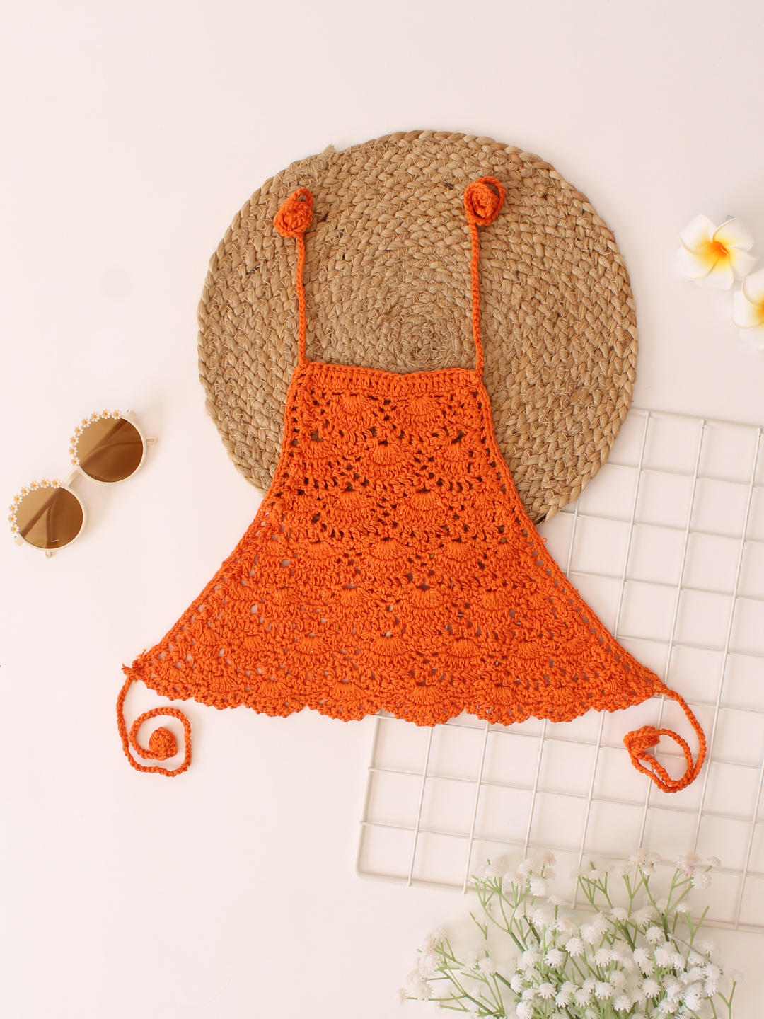 Woonie Handmade Crochet Halterneck Cotton Top - Orange