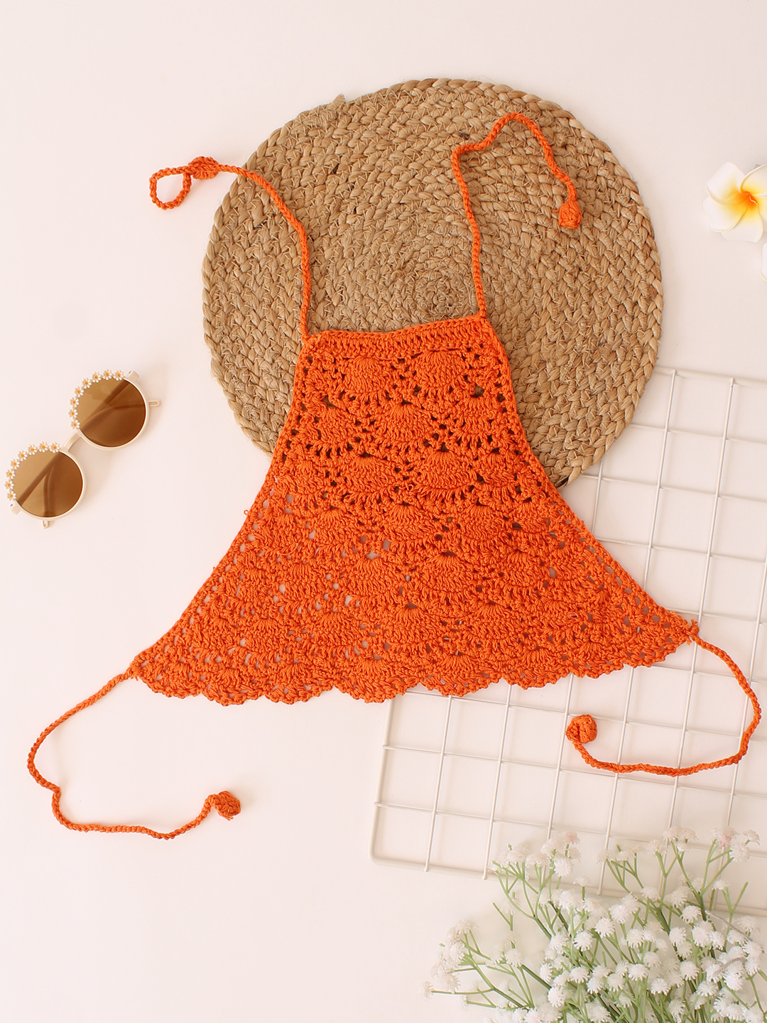 Woonie Handmade Crochet Halterneck Cotton Top - Orange