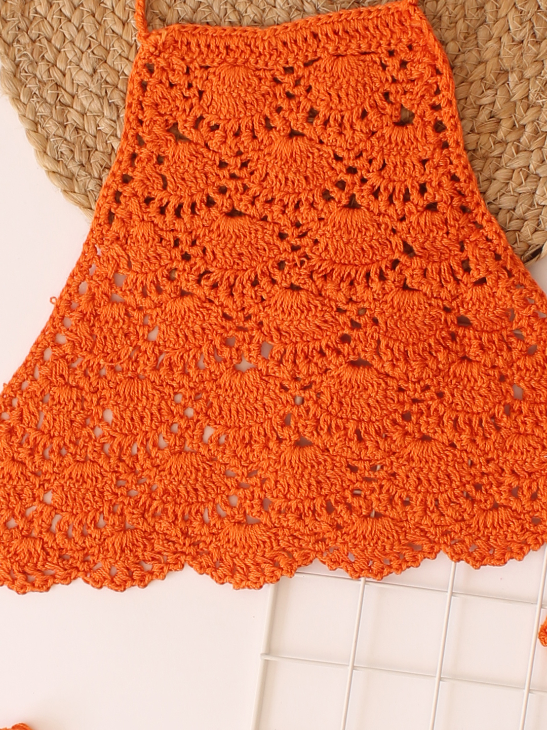 Woonie Handmade Crochet Halterneck Cotton Top - Orange