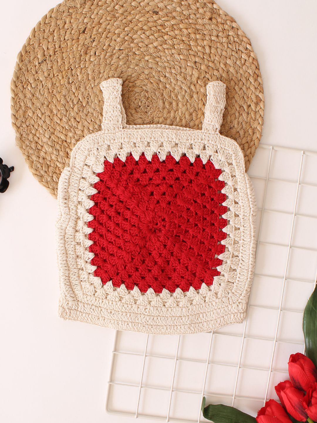 Woonie Handmade Crochet Square Neck Cotton Strapy Top - Cream