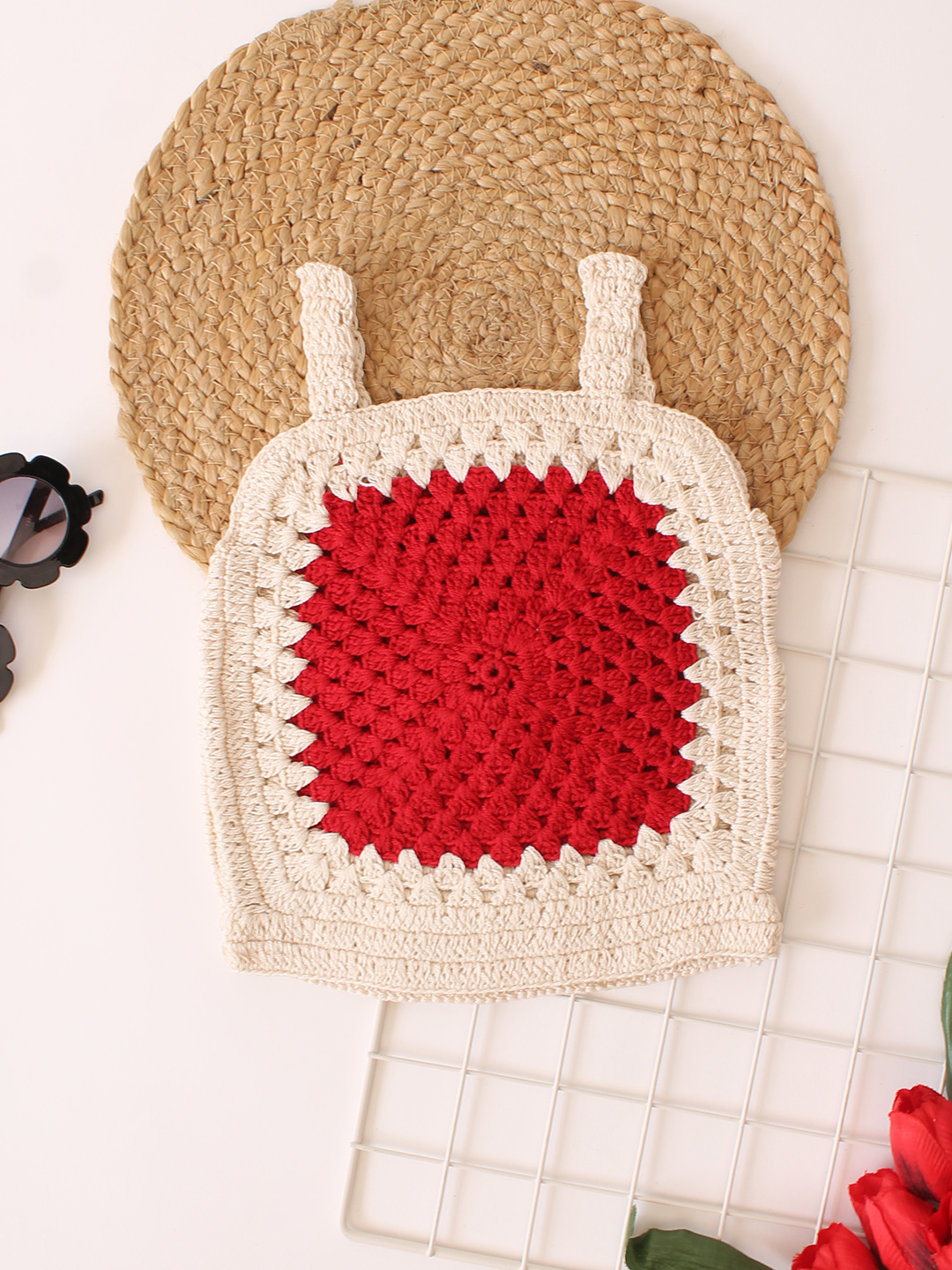 Woonie Handmade Crochet Square Neck Cotton Strapy Top - Cream