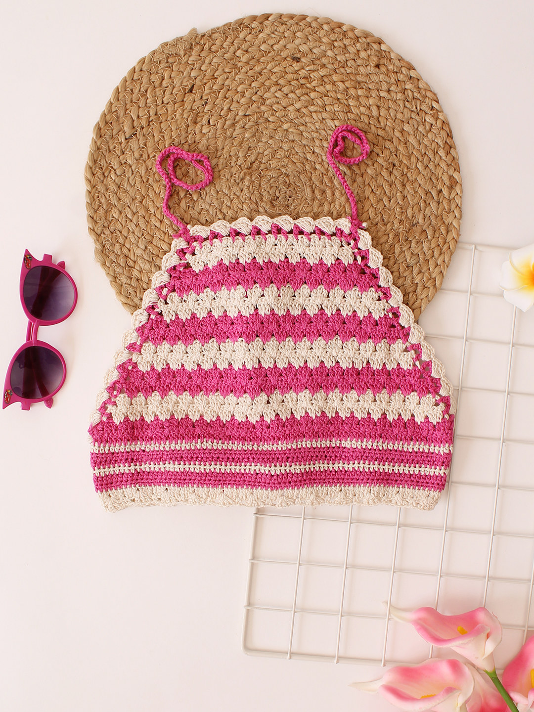 Pink Striped Halterneck Summer Crop Top for Girls