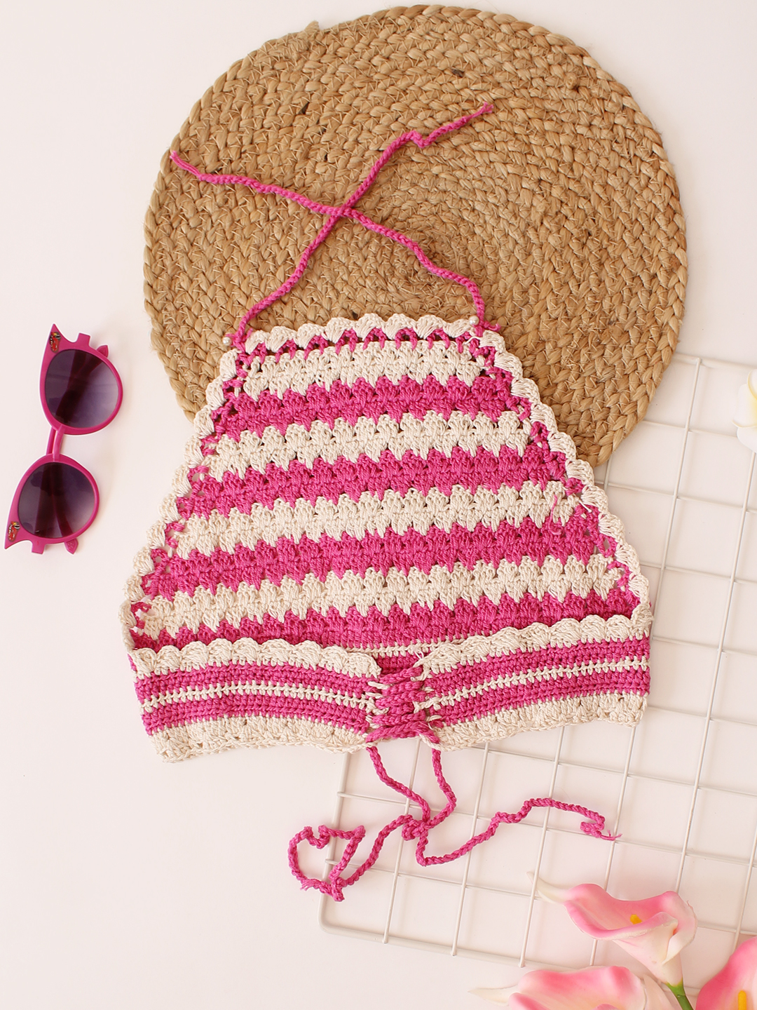 Woonie Handmade Crochet Dual Colour Halterneck Top - Pink