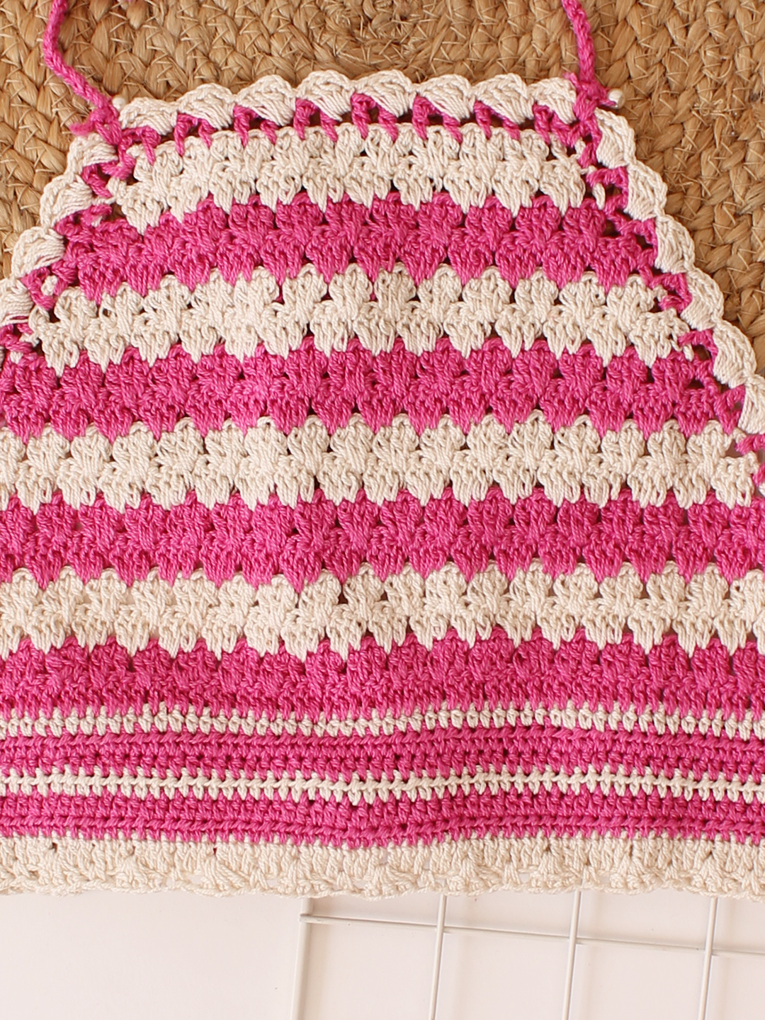 Woonie Handmade Crochet Dual Colour Halterneck Top - Pink