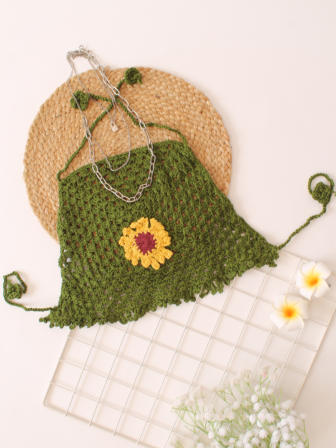 Woonie Handmade Crochet Sun Flower Detailing Halterneck Top - Green