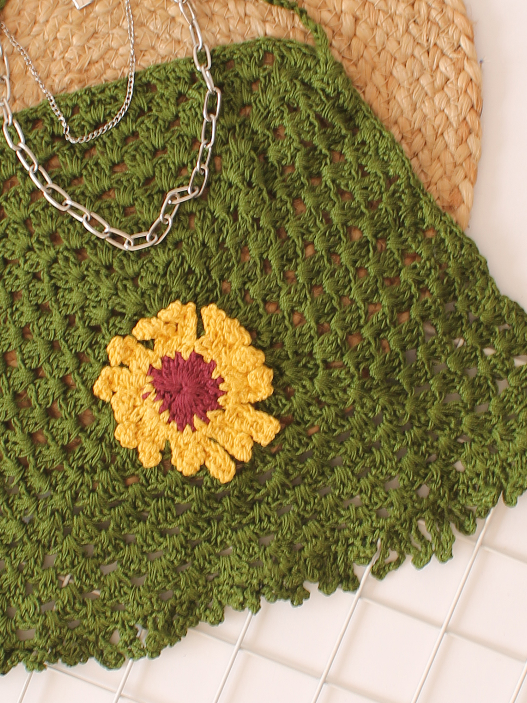 Woonie Handmade Crochet Sun Flower Detailing Halterneck Top - Green