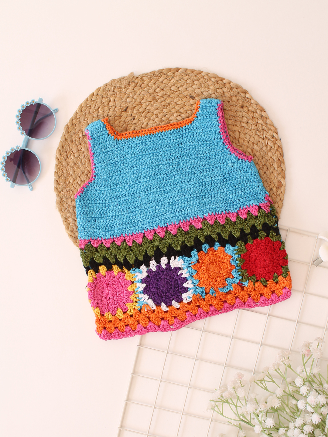 Woonie Handmade Crochet Sleeveless Floral Cotton Top - Blue
