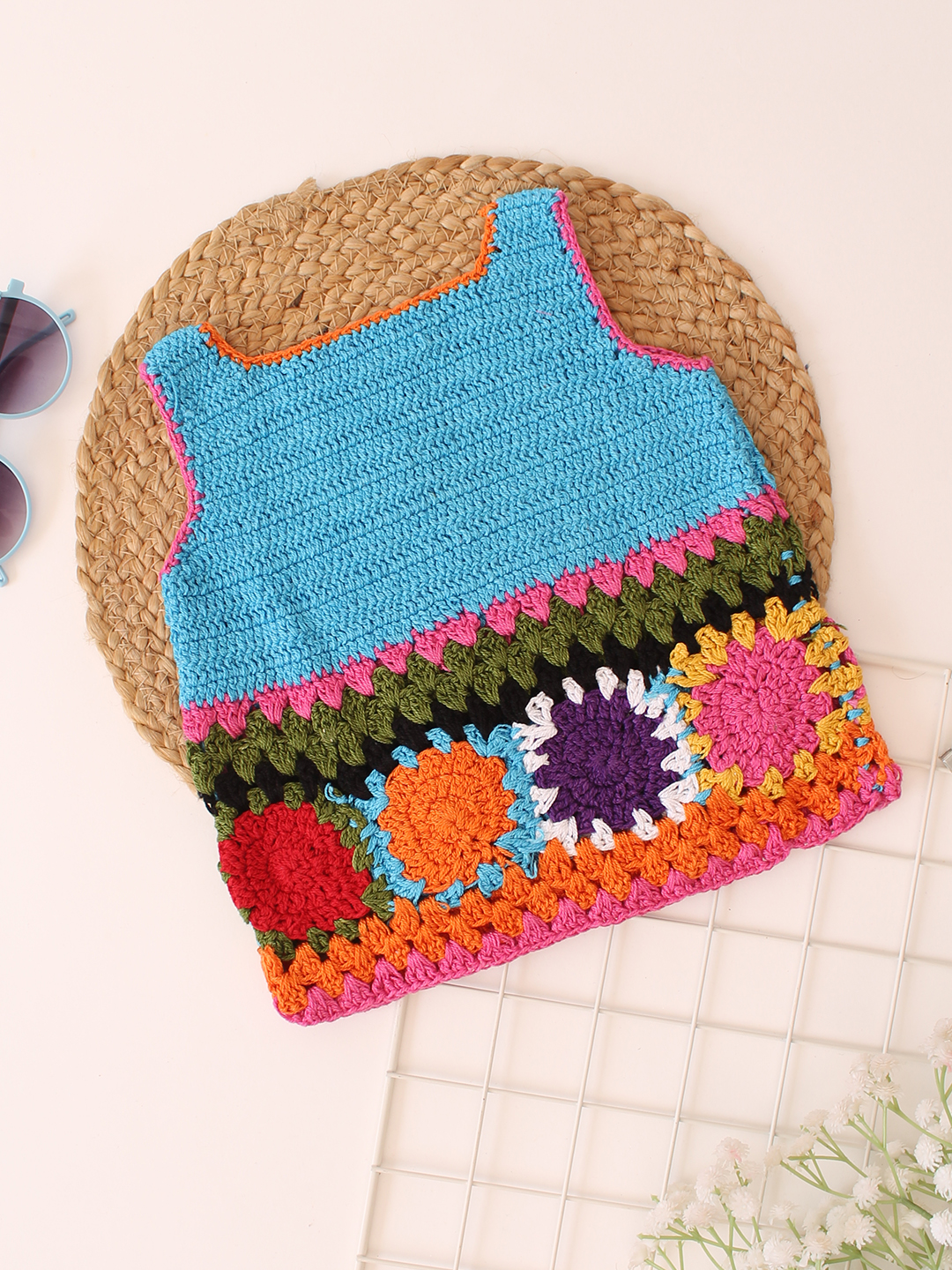 Woonie Handmade Crochet Sleeveless Floral Cotton Top - Blue