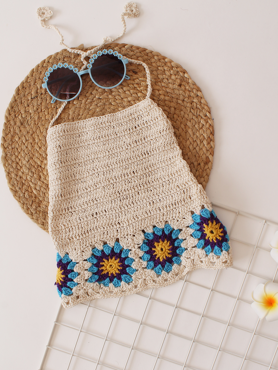 Woonie Handmade Crochet Granny Square Stitch Criss Cross Top - Cream