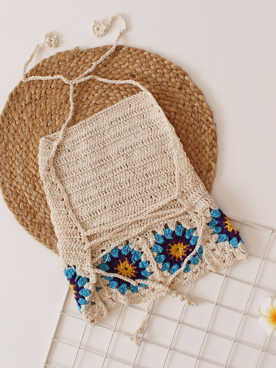 Woonie Handmade Crochet Granny Square Stitch Criss Cross Top - Cream