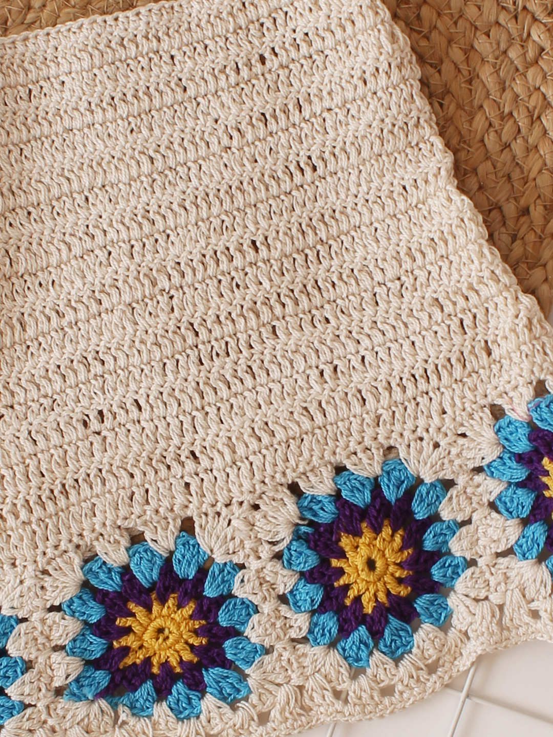 Woonie Handmade Crochet Granny Square Stitch Criss Cross Top - Cream
