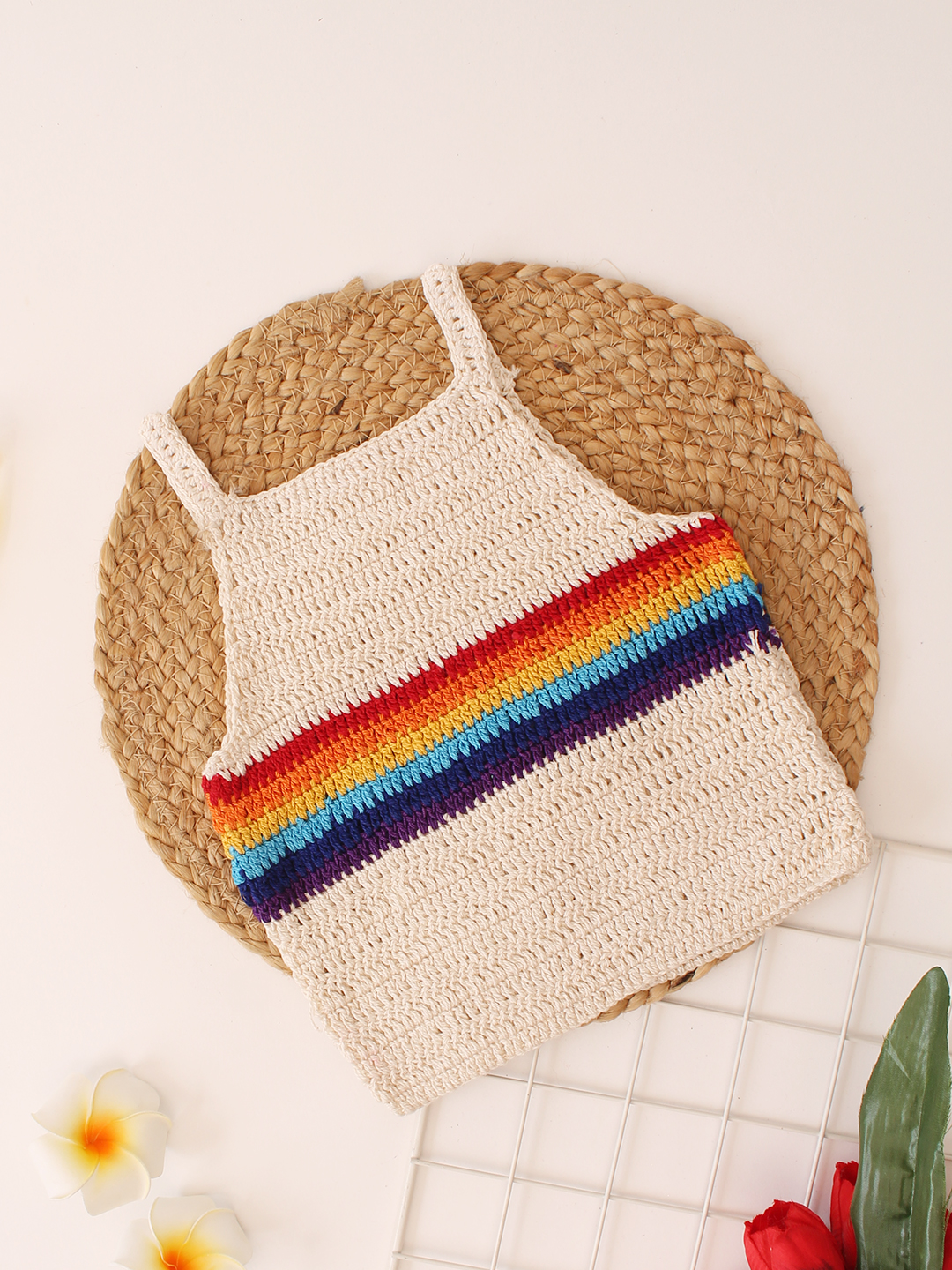 Woonie Handmade Crochet Sleeveless Striped Pattern Cotton Top - Cream