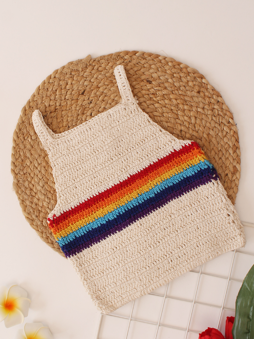 Woonie Handmade Crochet Sleeveless Striped Pattern Cotton Top - Cream