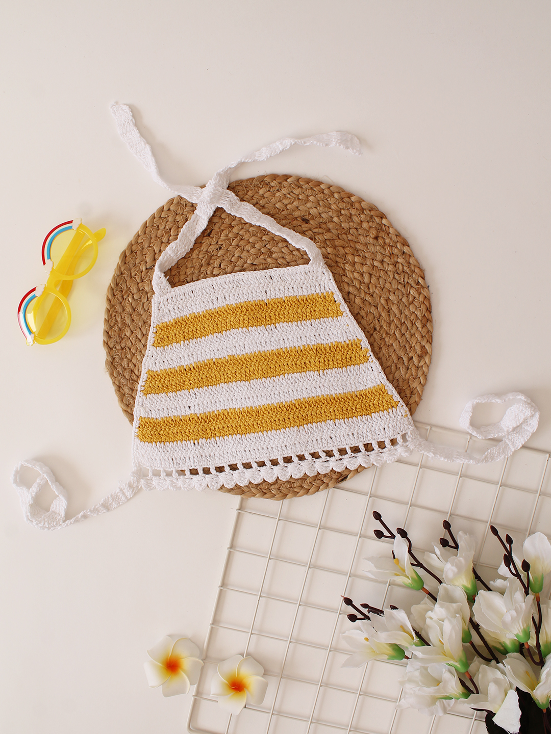 Yellow and White Striped Halterneck Summer Crop Top for Girls
