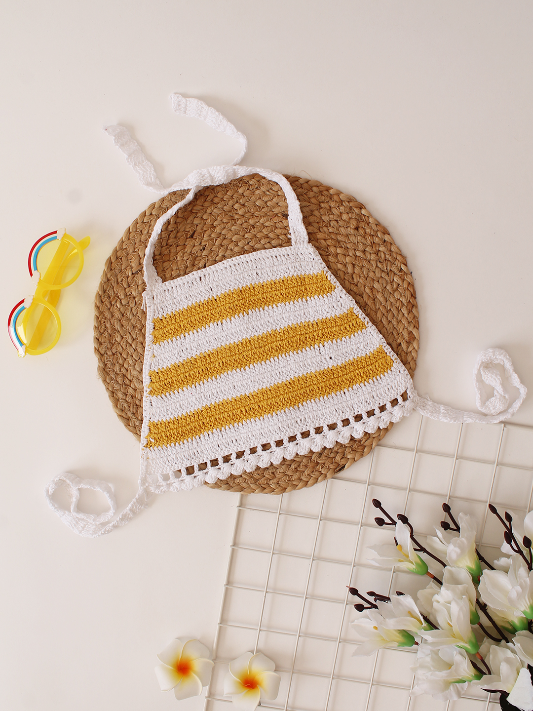 Yellow and White Striped Halterneck Summer Crop Top for Girls