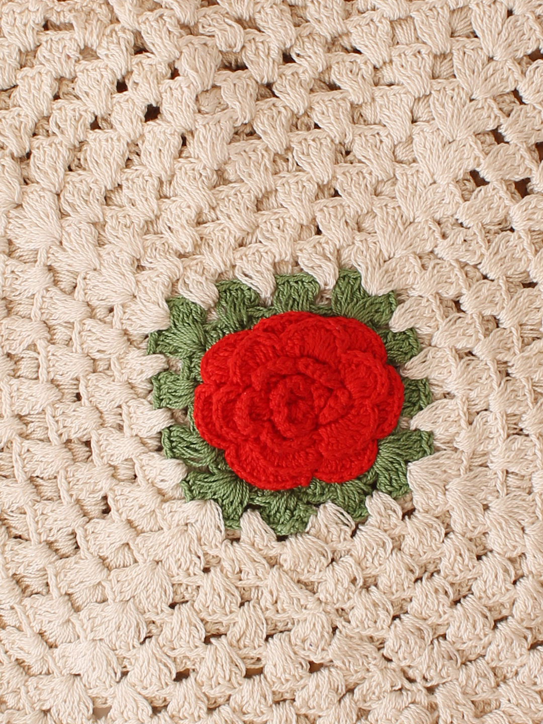 Woonie Handmade Crochet Short Sleeves Rose Applique Top - Cream