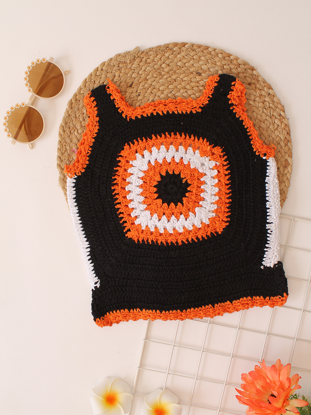 Woonie Handmade Granny Square Cotton Thread Top - Black