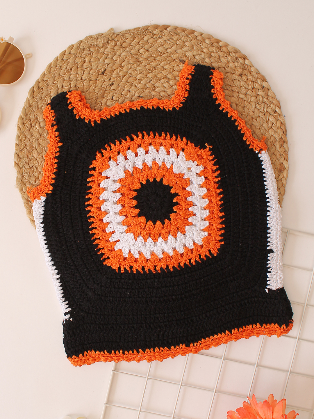 Woonie Handmade Granny Square Cotton Thread Top - Black