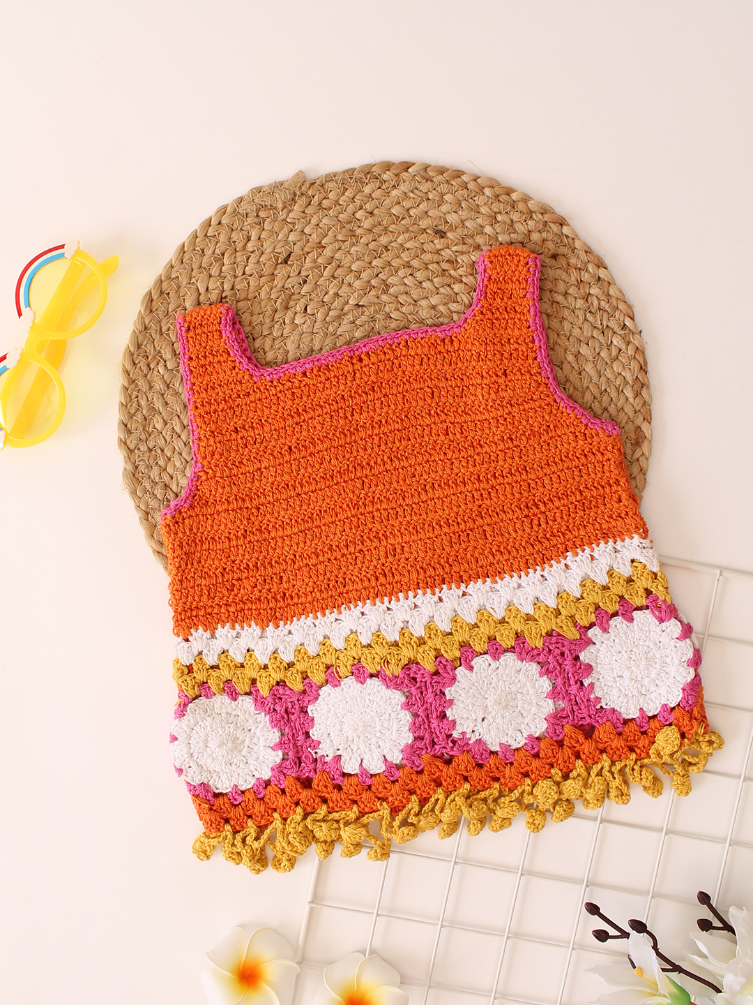 Woonie Handmade Sleeveless Cotton Granny Square Stitch Top - Orange