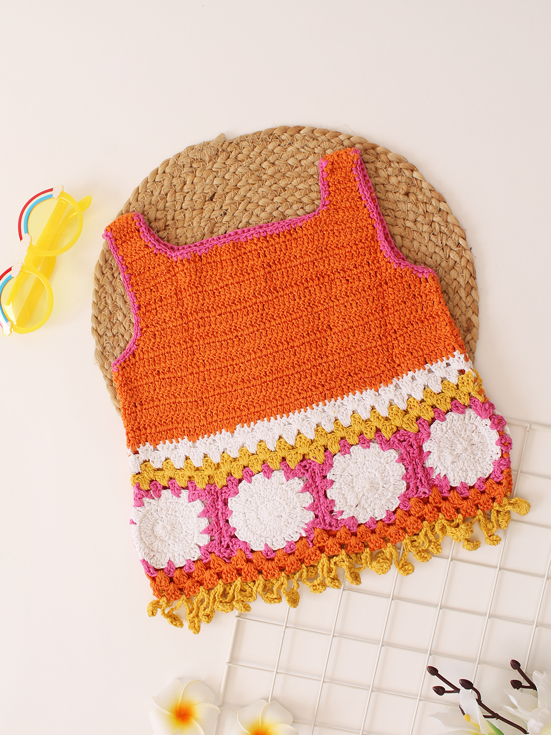 Woonie Handmade Sleeveless Cotton Granny Square Stitch Top - Orange