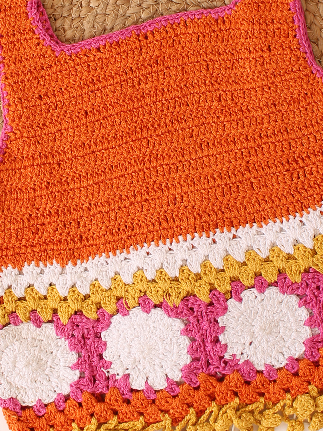 Woonie Handmade Sleeveless Cotton Granny Square Stitch Top - Orange